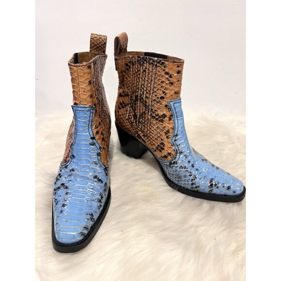 Ganni Two-tone Snake Embossed Leather Western Ankle Boots Blue Brown US 8 EUR38 - Picture 7 of 13